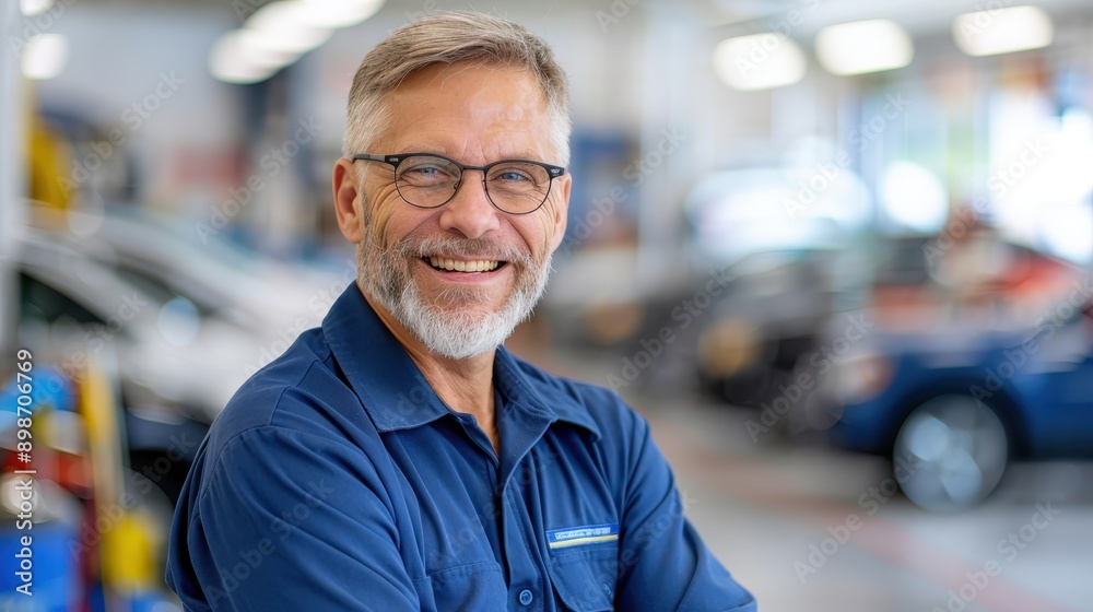 A cheerful senior mechanic with gray hair and glasses stands in a workshop, confidently smiling, showcasing his expertise in automotive repair and service. A cheerful senior mechanic with gray hair and glasses stands in a workshop, confidently smiling, showcasing his expertise in automotive repair and service.