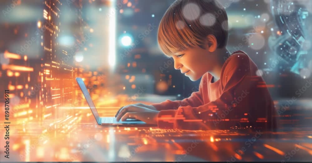 boy, kid working on a computer, Digital code, binary streams depicting data flow and cyber security concept, animated video background, copy space