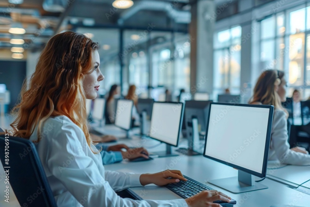 Several beautiful businesswomen are working on their computers with blank screens at the office desk. Several beautiful businesswomen are working on their computers with blank screens at the office desk.