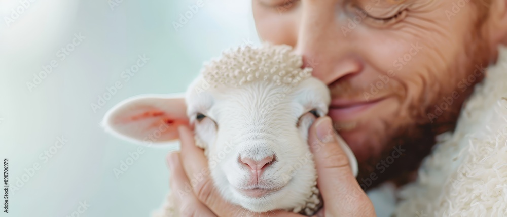 A person closely faces a sheep, hands gently on its head, touching its ear with his face near A person closely faces a sheep, hands gently on its head, touching its ear with his face near
