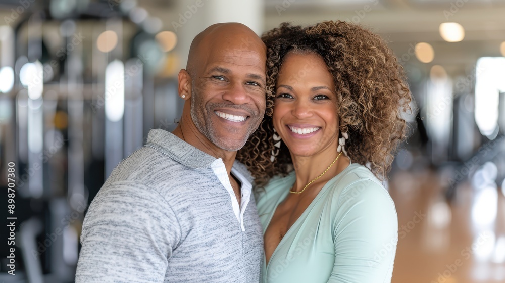 A smiling couple standing closely together, exuding warmth and affection, while posing in a well-lit gym setting, exemplifying health and fitness. A smiling couple standing closely together, exuding warmth and affection, while posing in a well-lit gym setting, exemplifying health and fitness.