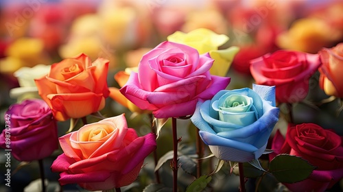 field with colorful roses, in the style of macro photography