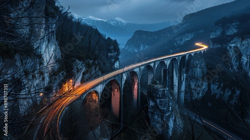 Light trails at Crni kal viaduct, Slovenia photo