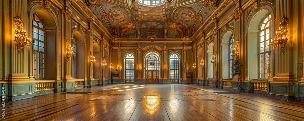 Obraz premium Grand ballroom with ornate gold decor, high ceilings and large windows.