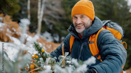 A joyful man in a blue winter coat and orange hat carries a Christmas tree through a snowy forest, highlighting the festive spirit and the simple joys of the holiday season.