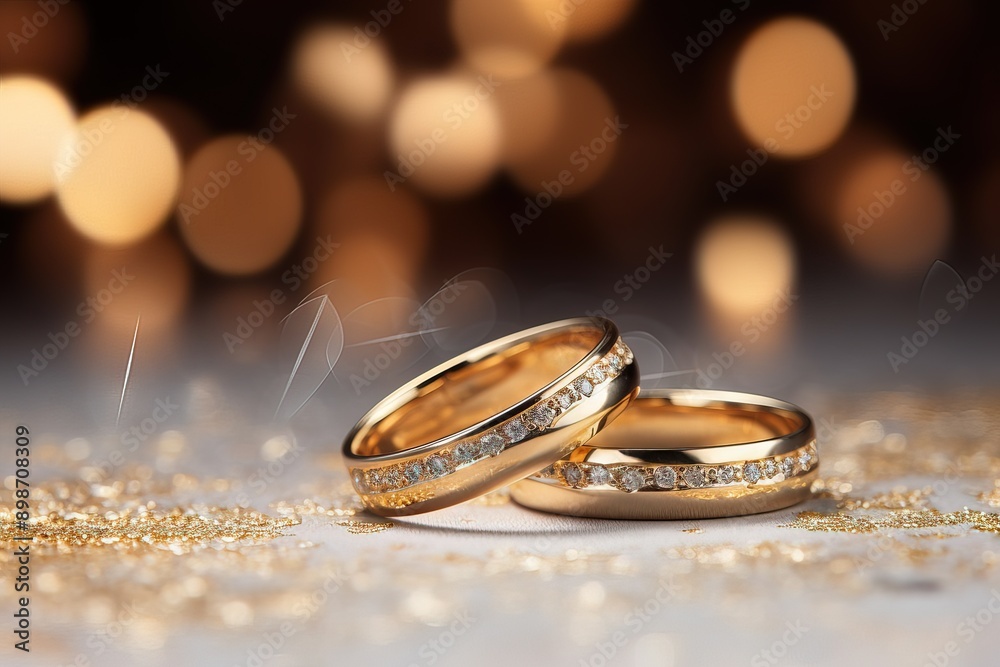 golden wedding rings in the center on the white floor with sparkling background, golden wedding rings in the center on the white floor with sparkling background,
