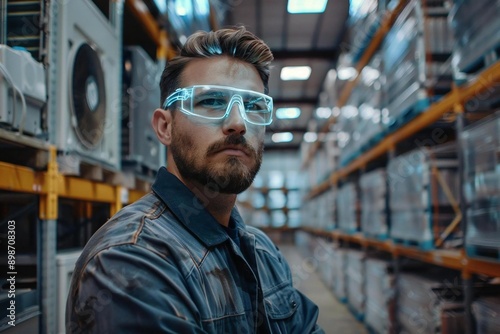 Full body photo of Caucasian technician inspecting HVAC unit in warehouse.