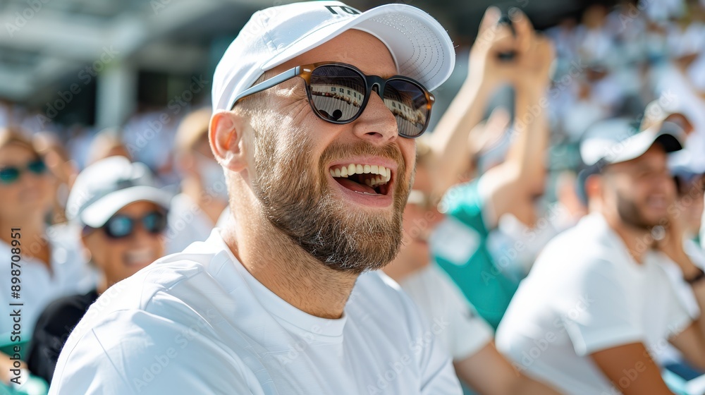 A cheerful man wearing sunglasses and a cap enjoys a lively outdoor sports event, his laughter and joy captured amid a crowd of enthusiastic spectators. A cheerful man wearing sunglasses and a cap enjoys a lively outdoor sports event, his laughter and joy captured amid a crowd of enthusiastic spectators.