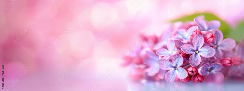 A collection of purple blooms atop a blue-pink countertop against a softly blurred pink backdrop A collection of purple blooms atop a blue-pink countertop against a softly blurred pink backdrop
