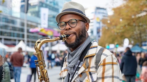 A young man in a fashionable outfit and glasses plays the saxophone outdoors in a lively urban setting, spreading musical joy and attracting attention from passersby. photo