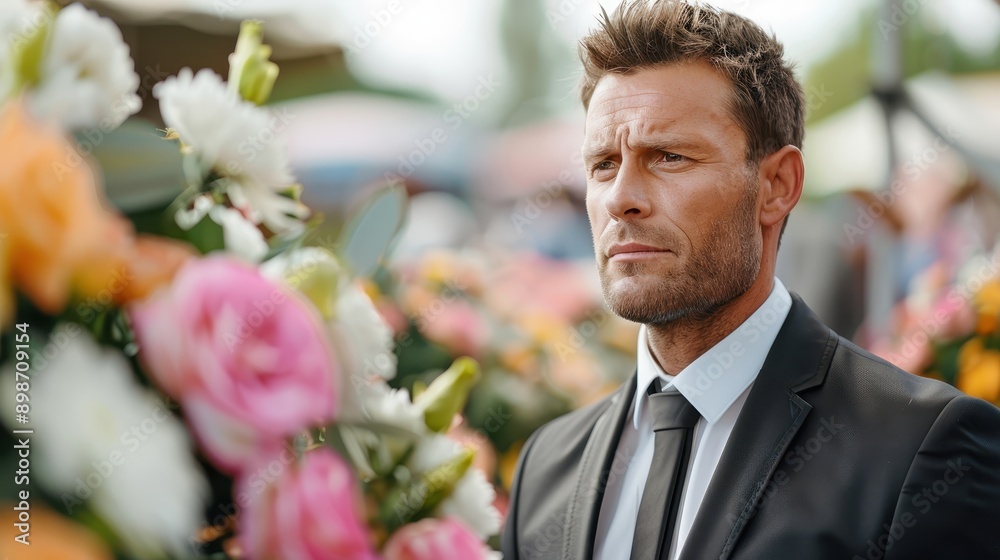 A man in a dark suit looks thoughtful while standing before a display of vibrant flowers. The picture conveys a sense of contemplation and emotional depth. A man in a dark suit looks thoughtful while standing before a display of vibrant flowers. The picture conveys a sense of contemplation and emotional depth.