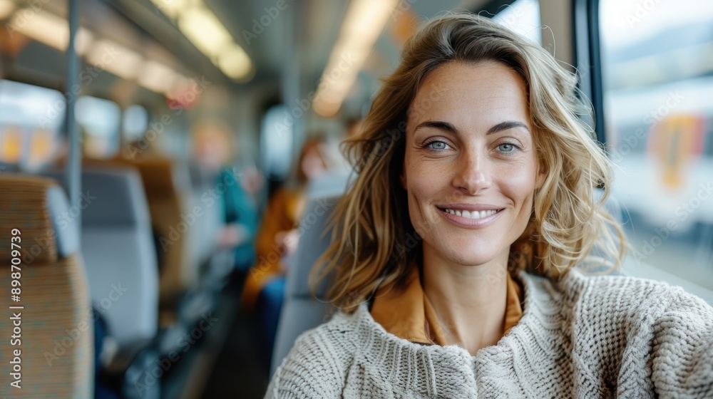 A woman with a warm smile and loose hair, wearing a cozy sweater, enjoying a daytime train ride with blurred background of other passengers and train interiors.