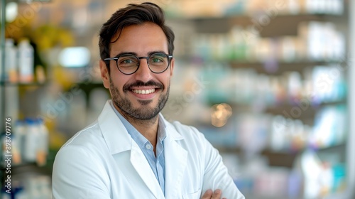 A cheerful male pharmacist with glasses, wearing a white coat, smiles warmly at the camera while standing in a well-stocked pharmacy, ready to assist customers.