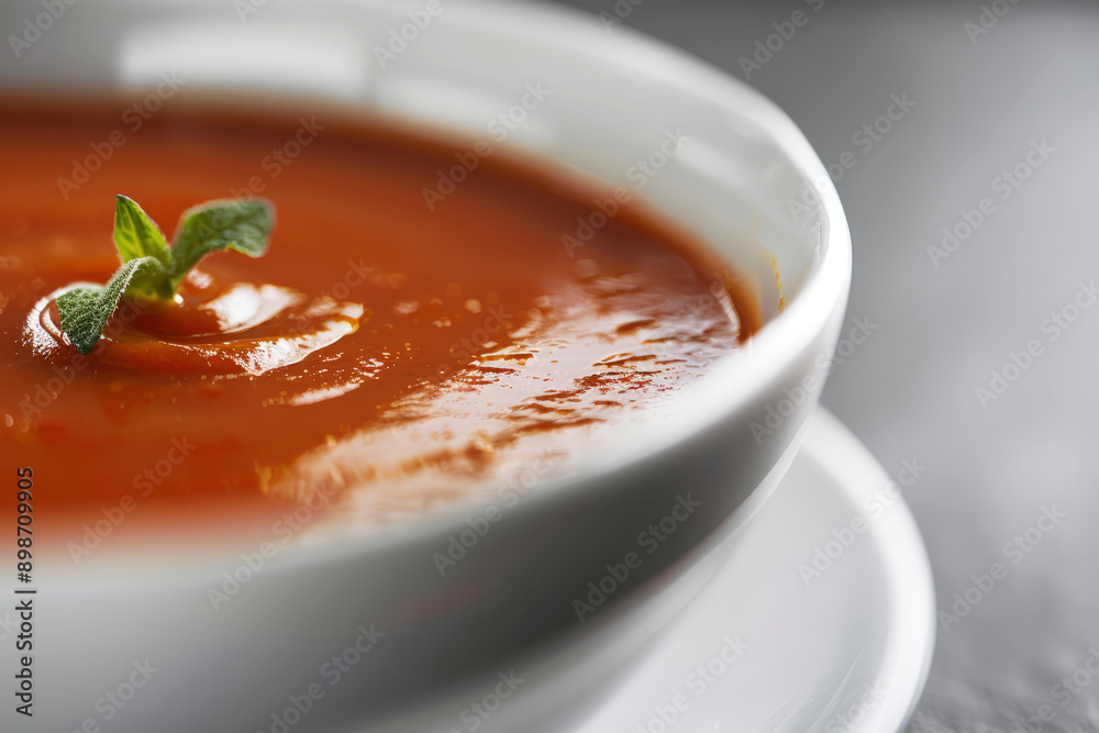 Fresh tomato soup served in an elegant white ceramic bowl Fresh tomato soup served in an elegant white ceramic bowl