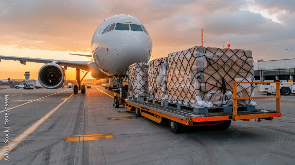 Packages secured on a cart ready to be loaded onto an aircraft at sunset, illustrating the crucial role of air transport in logistics and global trading networks. Packages secured on a cart ready to be loaded onto an aircraft at sunset, illustrating the crucial role of air transport in logistics and global trading networks.
