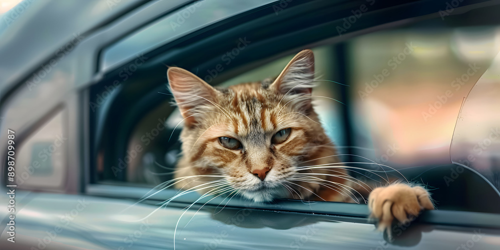 A sad cat sits in a closed car with a closed window. Concept lonely cat, closed car, sad expression A sad cat sits in a closed car with a closed window. Concept lonely cat, closed car, sad expression