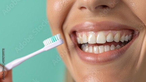 Close-up image of a woman smiling while brushing her teeth with a toothbrush, showcasing the importance of daily dental hygiene and the act of maintaining a healthy smile. photo