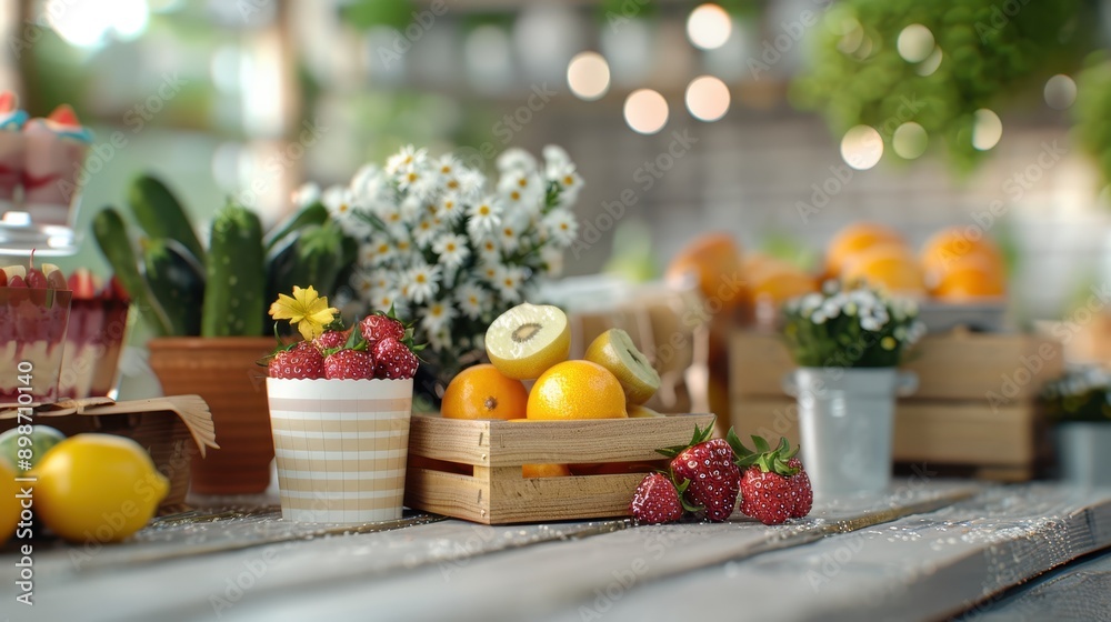 A beautiful assortment of strawberries, kiwi, and lemons arranged in baskets and crates on a wooden table, surrounded by white flowers, creating a fresh and vibrant scene. A beautiful assortment of strawberries, kiwi, and lemons arranged in baskets and crates on a wooden table, surrounded by white flowers, creating a fresh and vibrant scene.