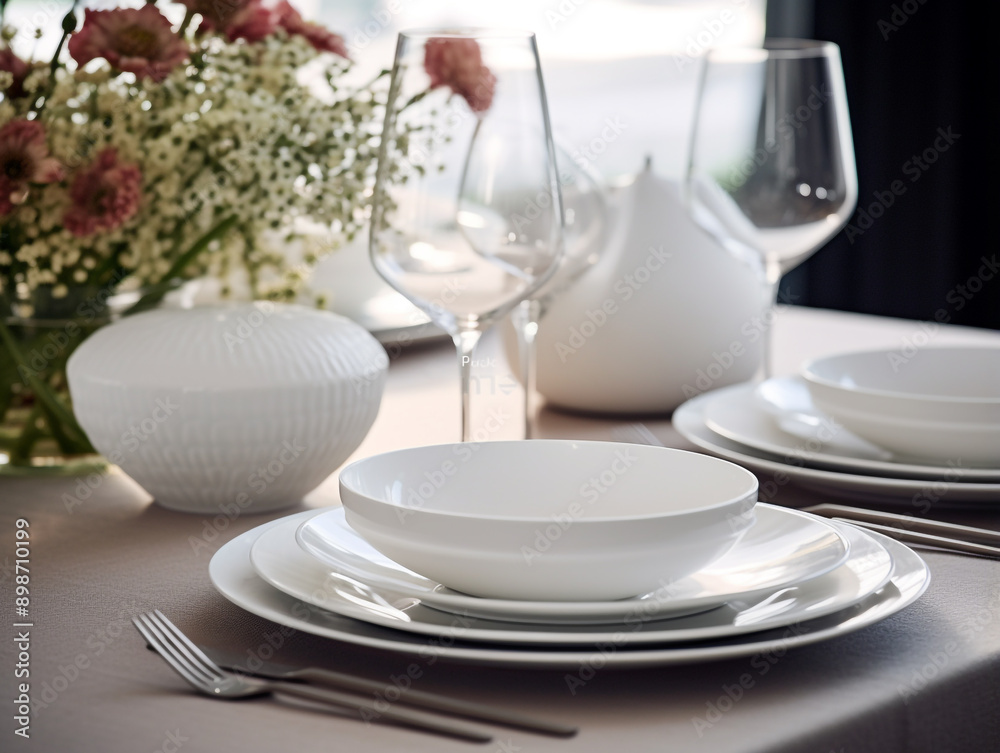table setting for the holiday. Transparent tall glasses, white plates, bouquets of flowers on the festive table. Summer wedding, preparation for the celebration. table setting for the holiday. Transparent tall glasses, white plates, bouquets of flowers on the festive table. Summer wedding, preparation for the celebration.