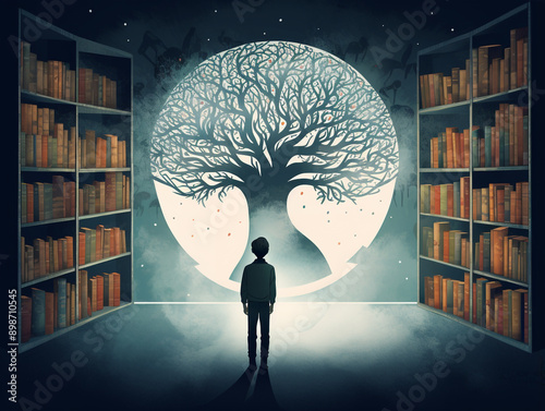 a boy stands in front of an image of a large thick tree surrounded by shelves of books. Books as a source of knowledge. Psychology of teenagers.