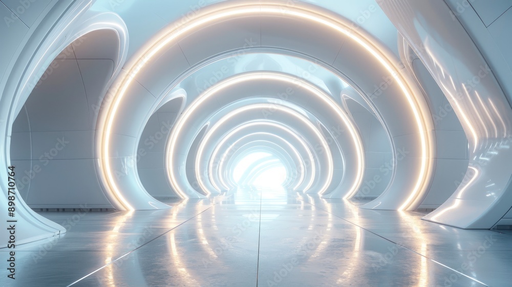 A futuristic hall with arching ceilings and white, sleek surfaces in a modern interior setting, creating a clean and expansive atmosphere. A futuristic hall with arching ceilings and white, sleek surfaces in a modern interior setting, creating a clean and expansive atmosphere.
