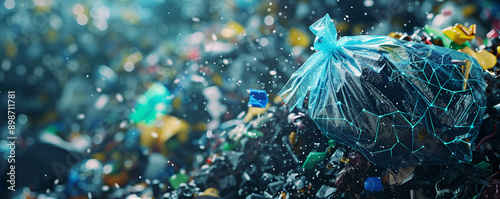 Overflowing garbage pile with digitally generated blue lines indicating data and analytics. Environmental issues, waste management, pollution tracking, recycling strategies, sustainability concepts. photo