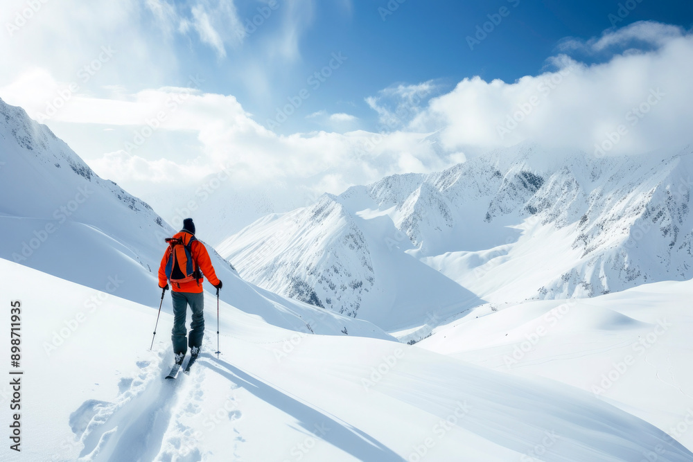 professional photography, high mountain snowy landscape, with a person practicing skiing, sharp focus, professional photography, high mountain snowy landscape, with a person practicing skiing, sharp focus,