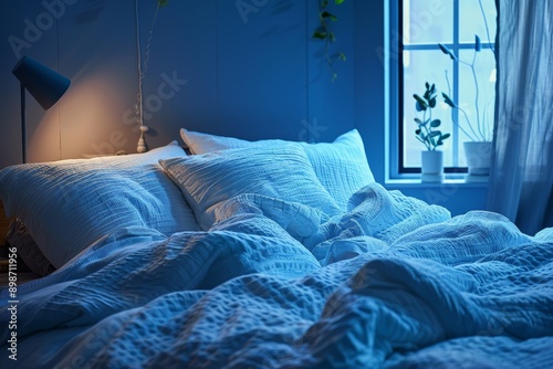 a bedroom interior with a blue wall and a bed