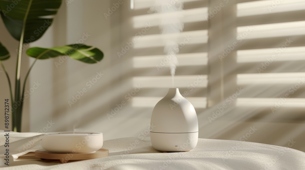 A serene home environment featuring a stylish diffuser releasing gentle mist, enhancing relaxation and tranquility.