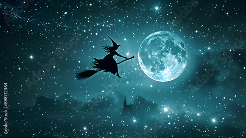 A Mysterious Witch Flying Over a Bright Moonlit Sky at Night,Halloween. photo