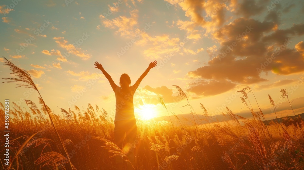 Silhouette of a woman with arms raised in a field during a beautiful sunset Silhouette of a woman with arms raised in a field during a beautiful sunset