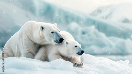 A serene moment featuring a polar bear mother and her cub relaxing on a snowy landscape, embodying the beauty of Arctic wildlife. photo