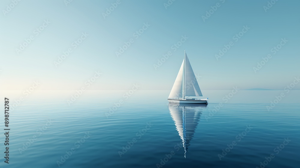 Obraz premium A serene sailboat gliding across calm waters under a bright sky, reflecting tranquility and peacefulness in nature.