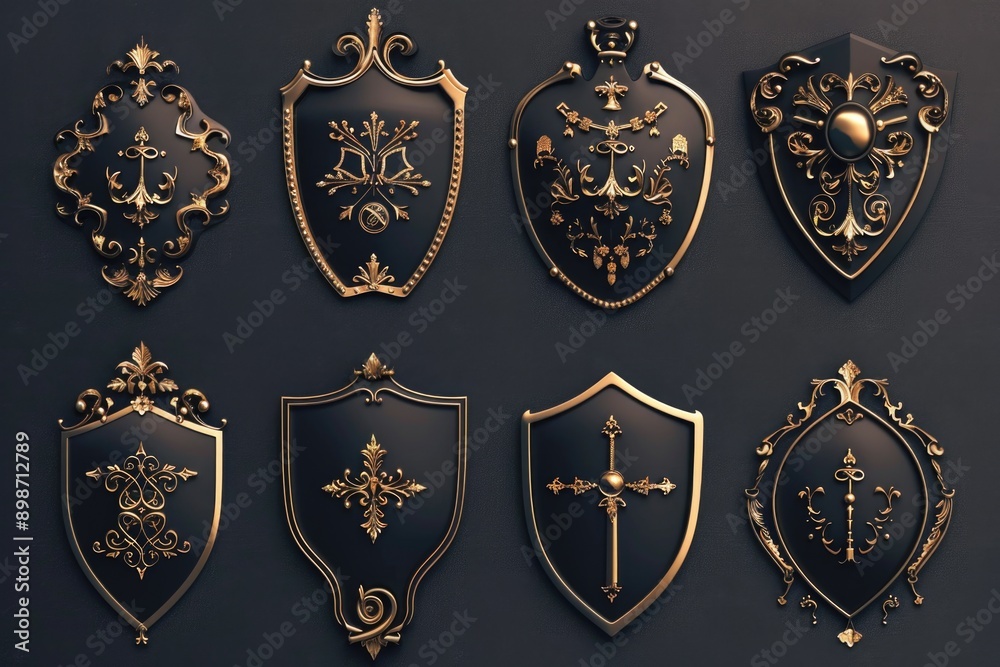 A collection of decorative shields adorns a wall, suitable for use in fantasy or medieval themed designs A collection of decorative shields adorns a wall, suitable for use in fantasy or medieval themed designs