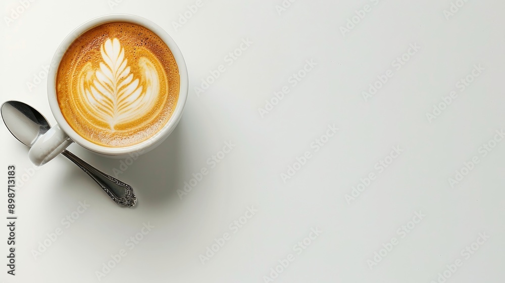 Coffee cup with latte art seen from above on white background with room for text Coffee cup with latte art seen from above on white background with room for text