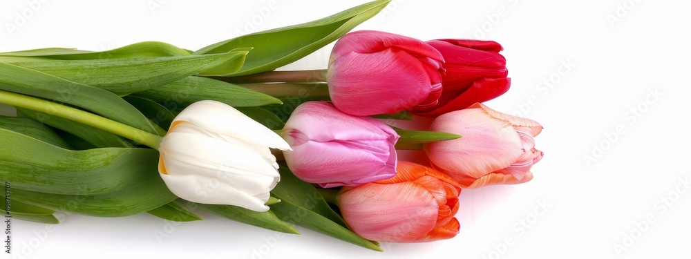 A collection of tulips arranged together on a white background; two tulips, one pink and one red, situated centrally A collection of tulips arranged together on a white background; two tulips, one pink and one red, situated centrally