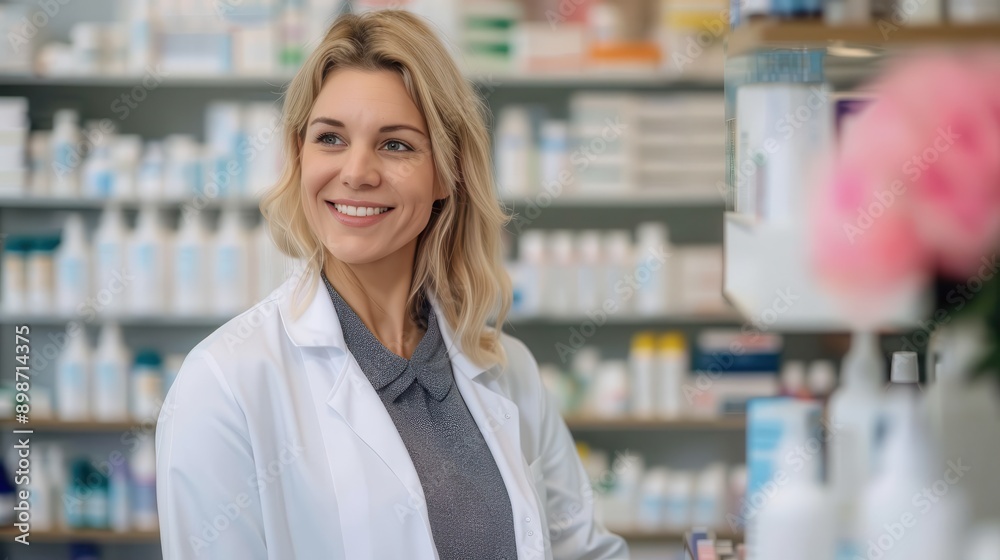 A smiling pharmacist in a white coat standing in a drugstore, surrounded by shelves filled with various pharmaceutical products, providing assistance to customers. A smiling pharmacist in a white coat standing in a drugstore, surrounded by shelves filled with various pharmaceutical products, providing assistance to customers.