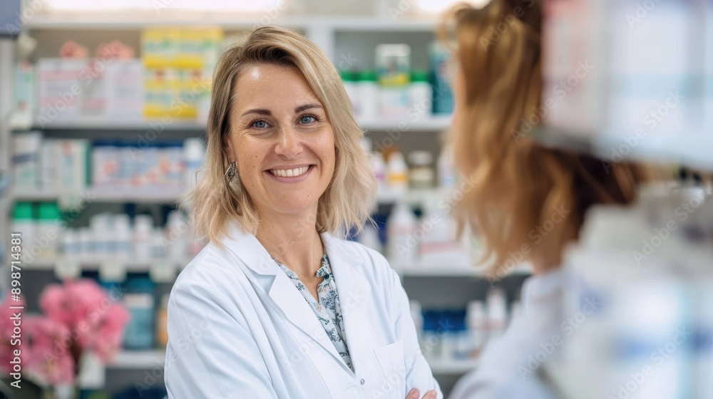A cheerful woman pharmacist in a white coat enjoys her work indoors. She stands in a pharmacy filled with shelves of medicinal products, emphasizing a professional atmosphere. A cheerful woman pharmacist in a white coat enjoys her work indoors. She stands in a pharmacy filled with shelves of medicinal products, emphasizing a professional atmosphere.