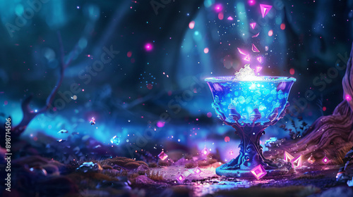 Enchanted forest holds a chalice brewing a mystical potion, radiating an otherworldly glow photo