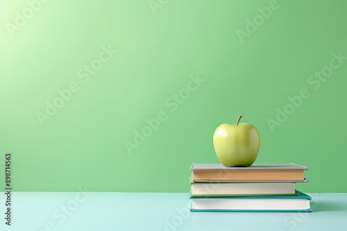 minimal sour green apple on top of books, in the style of bright colored backdrops with copy space above
