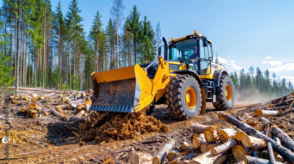 A powerful bulldozer clearing a vast area filled with logs within a forest, emphasizing industrial strength and the impact of machinery on forestry and the environment. A powerful bulldozer clearing a vast area filled with logs within a forest, emphasizing industrial strength and the impact of machinery on forestry and the environment.