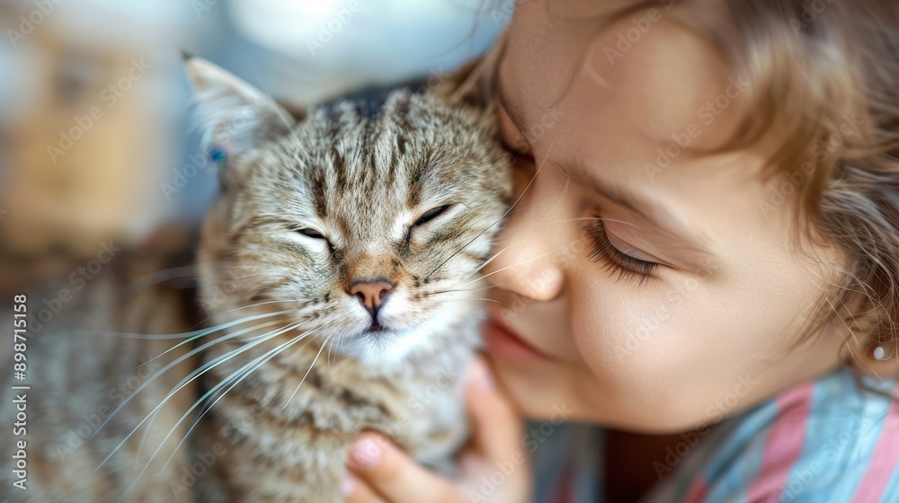 A young child is joyfully hugging and nuzzling a tabby cat, with a close-up of their happy faces showing pure love and affection, indoors in a cozy setting. A young child is joyfully hugging and nuzzling a tabby cat, with a close-up of their happy faces showing pure love and affection, indoors in a cozy setting.