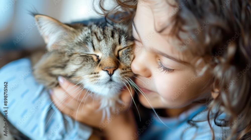A heartwarming moment as a child lovingly holds a fluffy, sleepy cat close to their face, capturing a tender bond between human and animal and pure affection. A heartwarming moment as a child lovingly holds a fluffy, sleepy cat close to their face, capturing a tender bond between human and animal and pure affection.
