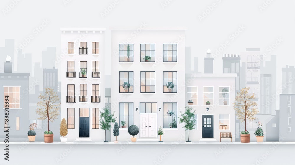 Fototapeta premium Illustration of a minimalist cityscape featuring modern buildings with large windows, potted plants, and a soft pastel color palette.