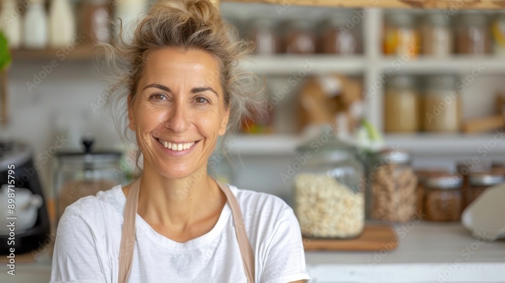 A cheerful woman in an apron smiles warmly, standing in her well-organized store filled with jars and various goods, radiating friendliness and welcoming vibes. A cheerful woman in an apron smiles warmly, standing in her well-organized store filled with jars and various goods, radiating friendliness and welcoming vibes.