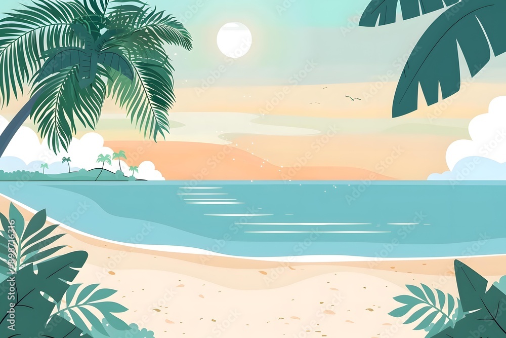 Obraz premium Tropical Beach Sunset Landscape Illustration