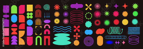 Brutalist abstract geometric shapes and grids. Brutal contemporary figure star oval spiral flower and other primitive elements. Swiss design aesthetic. Bauhaus memphis design.