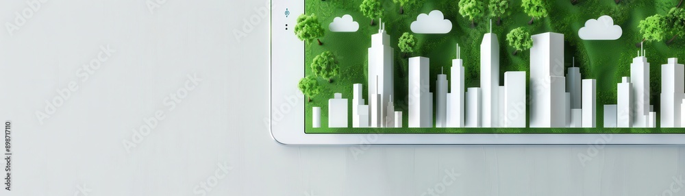 Modern cityscape concept with greenery and technology, showcasing sustainability and environmental awareness for urban living. Modern cityscape concept with greenery and technology, showcasing sustainability and environmental awareness for urban living.
