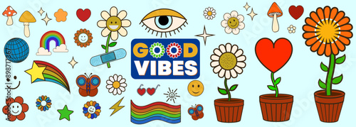 Groovy hippie 70s set. Funny cartoon flower, rainbow, peace, Love, heart, daisy, mushroom etc. Sticker pack in trendy retro psychedelic cartoon style. Isolated vector illustration. Flower power.
