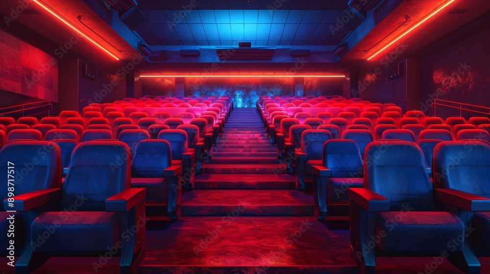 Empty movie theater with blue and red lighting is waiting for the audience to come and watch a movie Empty movie theater with blue and red lighting is waiting for the audience to come and watch a movie